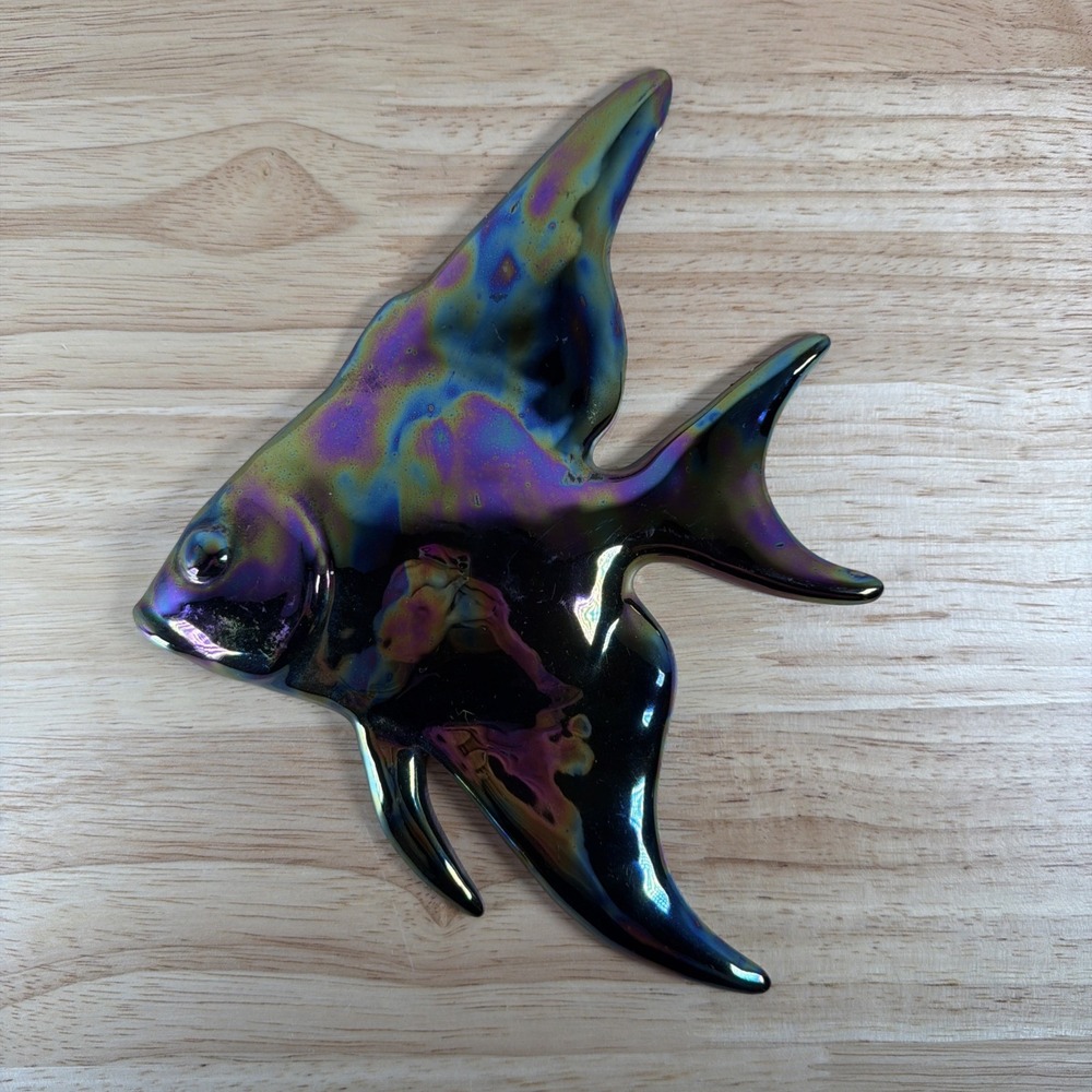 Vintage Ceramic Iridescent Dark Black Tropical Fish Wall Hanging